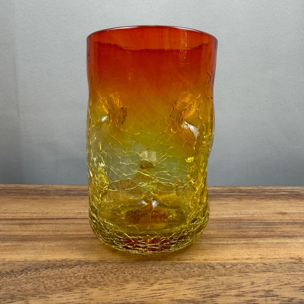 Blenko Pinched Amberina Crackle Glass Vase 4.5 Inch Mid Century Modern Art Glass